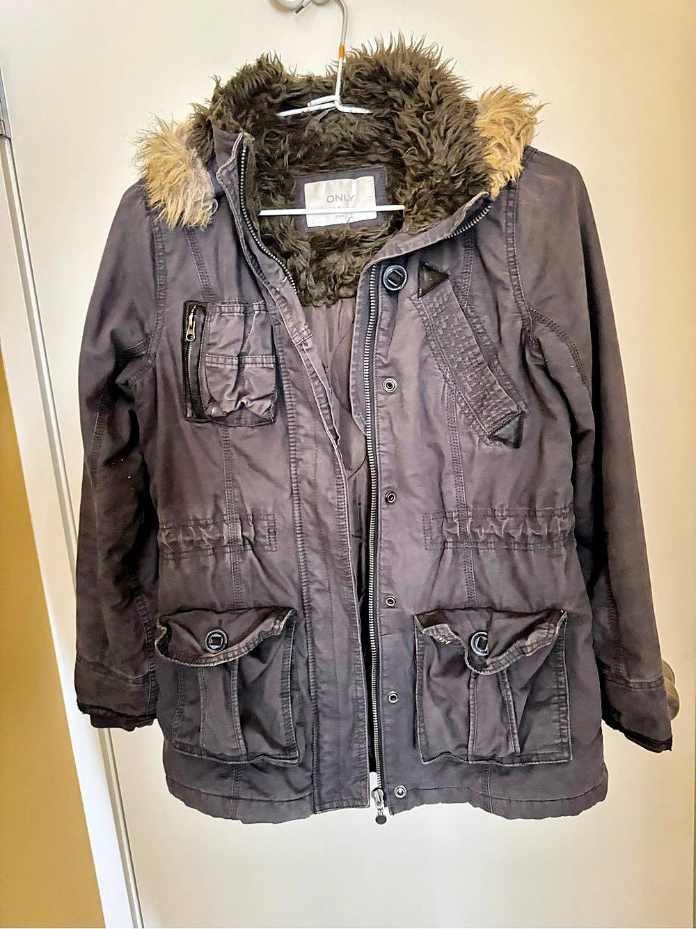 ONLY Women's Black Faux-Fur Hood Utility Jacket